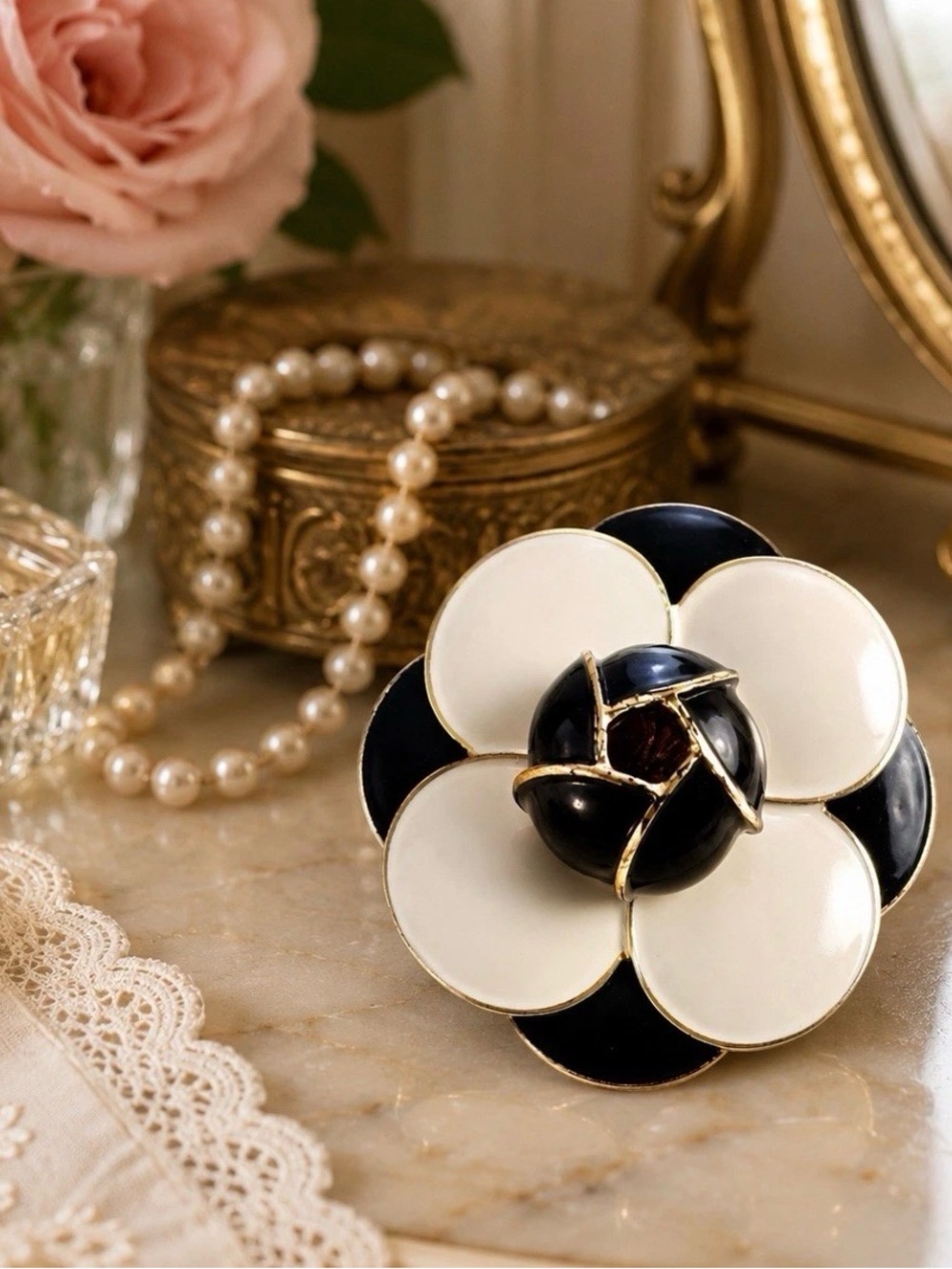 Vintage Black White Enamel Flower Brooch Gold Tone Camellia Rose Statement Pin